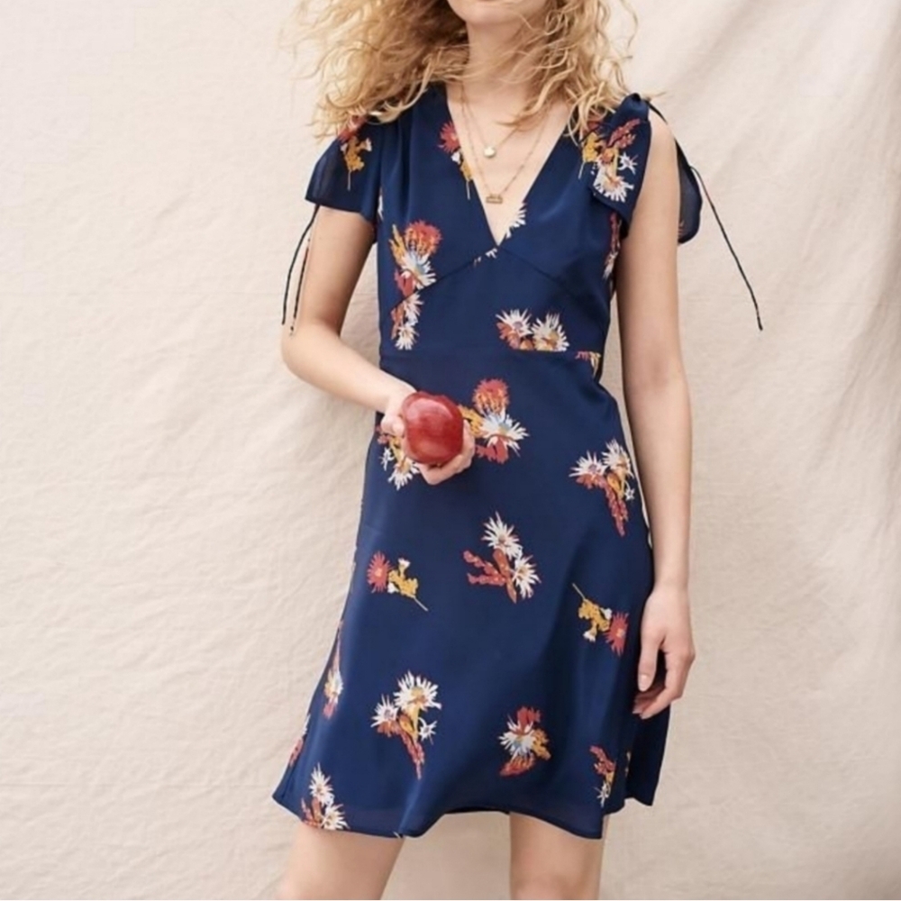 Madewell Navy Blue Poppy Floral Print Silk Tie Sleeve Mini Dress